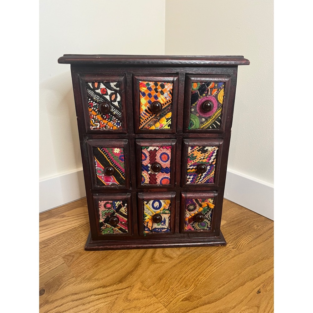 Boho Embroidered 9 Drawer Chest Jewelry Organizer Wood Apothecary Cabinet